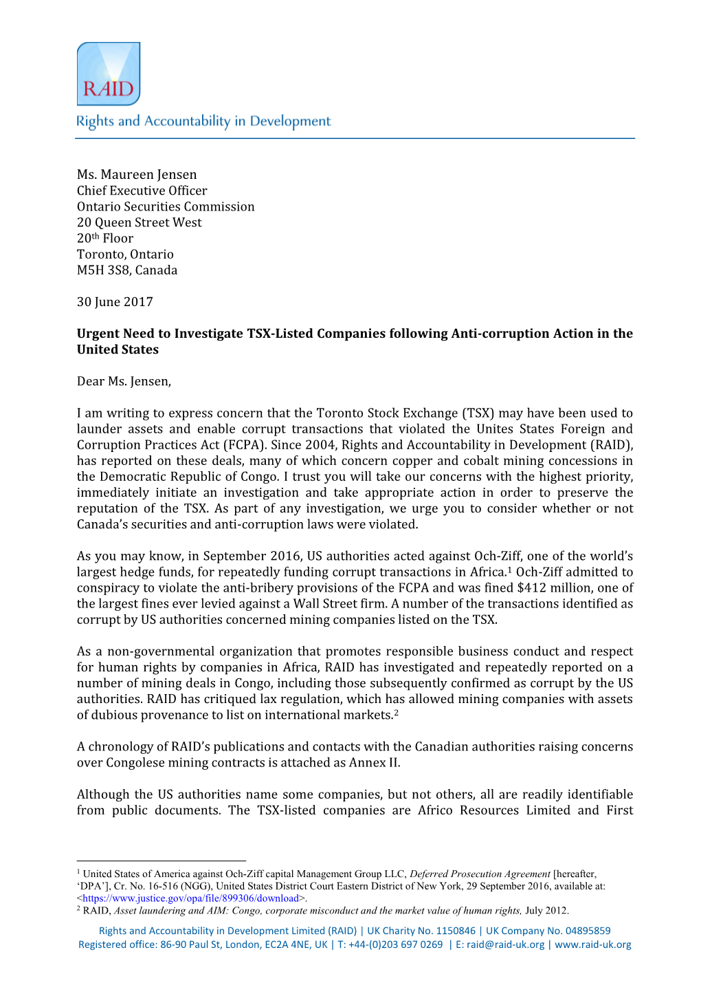 Letter to the Ontario Securities Commission On