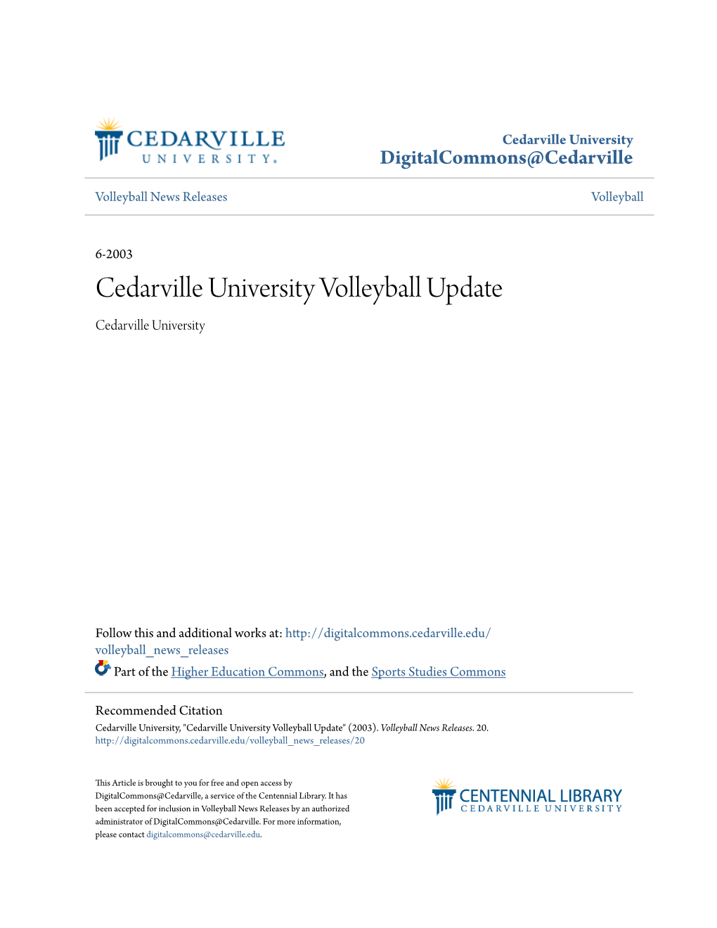 Cedarville University Volleyball Update Cedarville University