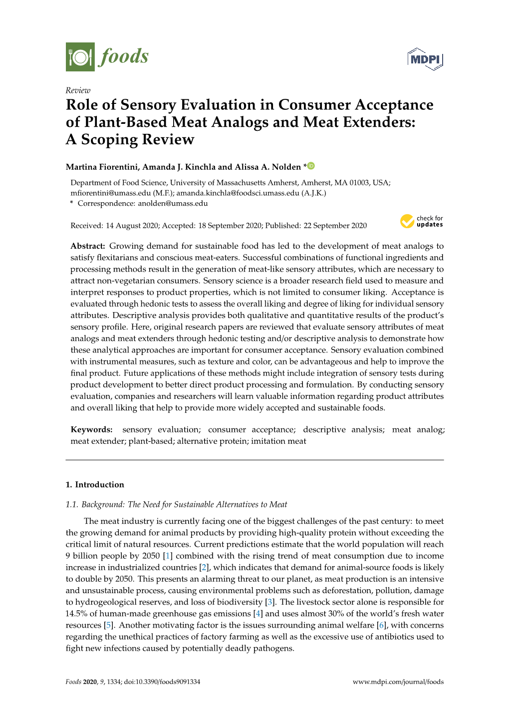 Role of Sensory Evaluation in Consumer Acceptance of Plant-Based Meat Analogs and Meat Extenders: a Scoping Review