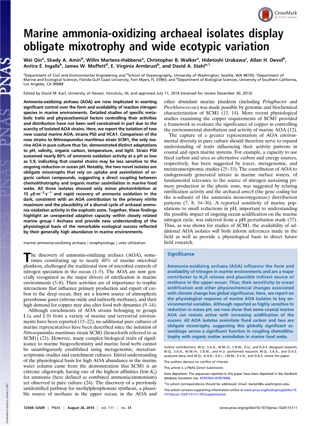 Marine Ammonia-Oxidizing Archaeal Isolates Display Obligate Mixotrophy and Wide Ecotypic Variation