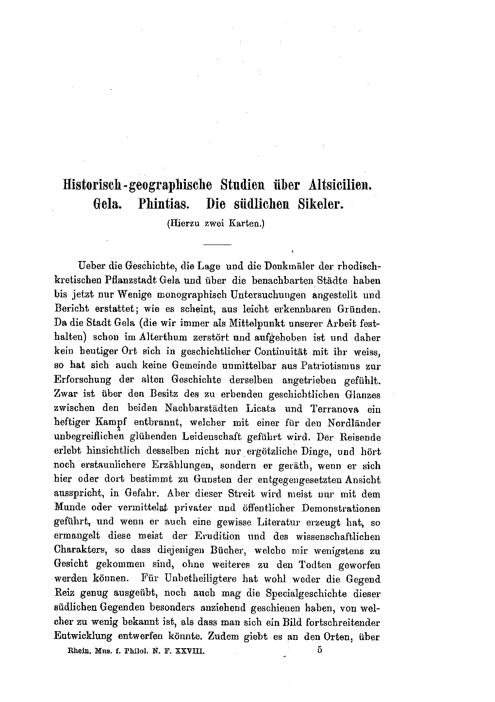 Historischw Geographische Studien Über Altsiciliell. Gela. Phintias. Die Siidlichen Sikeler