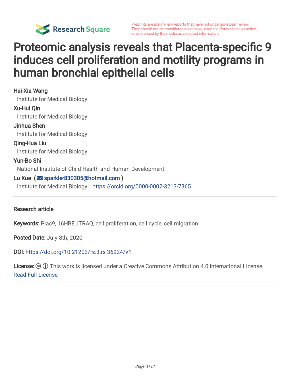 Proteomic Analysis Reveals That Placenta-Speci C 9 Induces Cell