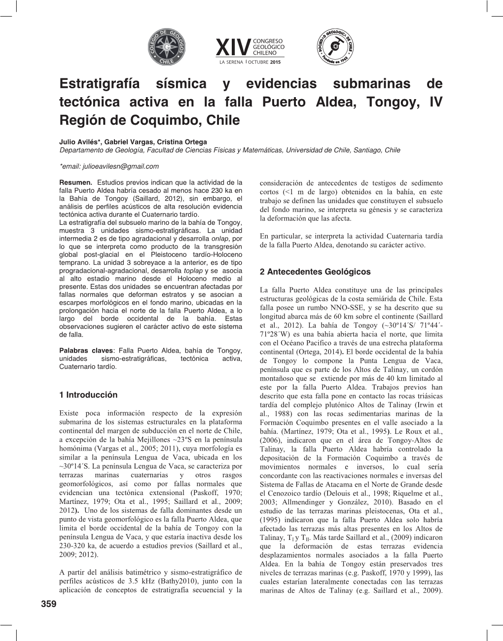 Estratigrafía Sísmica Y Evidencias Submarinas De Tectónica Activa En La Falla Puerto Aldea, Tongoy, IV Región De Coquimbo, Chile