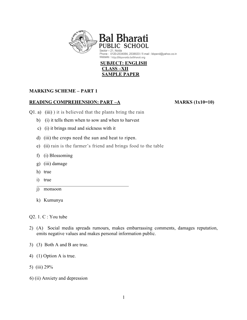 Marking Scheme – Part 1 Reading Comprehension