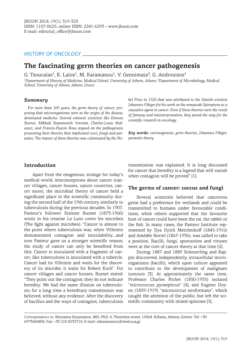 The Fascinating Germ Theories on Cancer Pathogenesis G