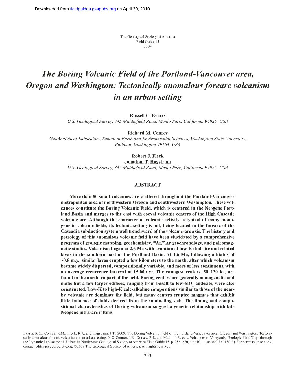 The Boring Volcanic Field of the Portland-Vancouver Area, Oregon and Washington: Tectonically Anomalous Forearc Volcanism in an Urban Setting