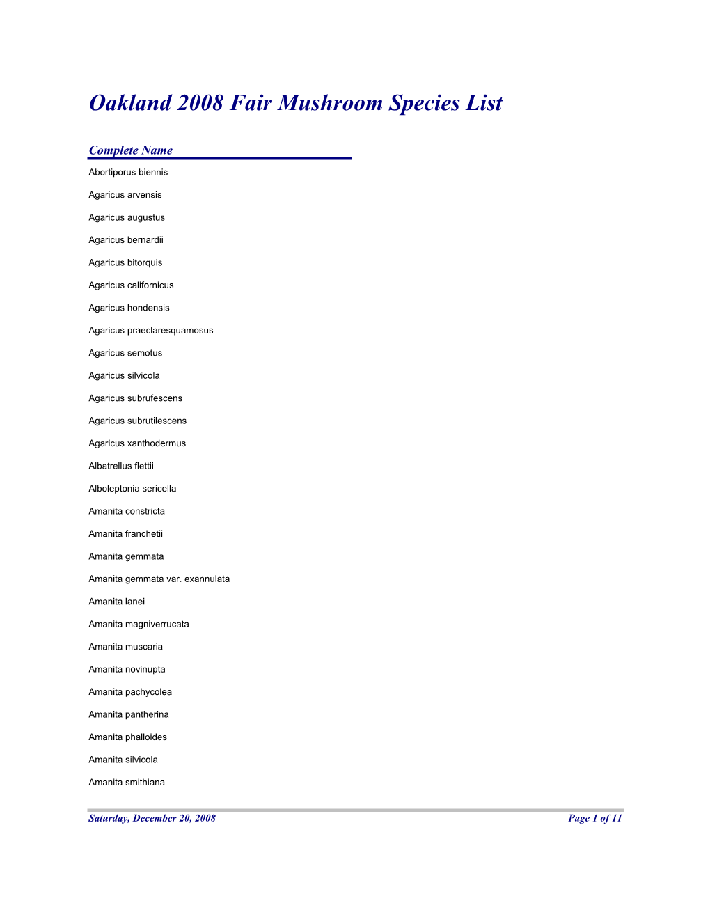 Oakland 2008 Fair Mushroom Species List