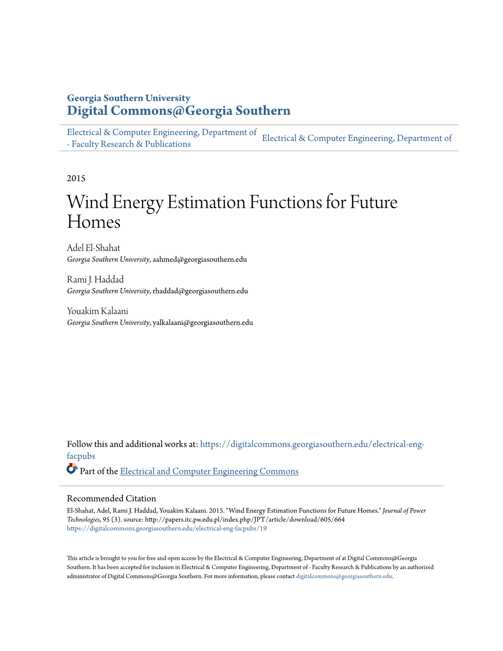 Wind Energy Estimation Functions for Future Homes Adel El-Shahat Georgia Southern University, Aahmed@Georgiasouthern.Edu