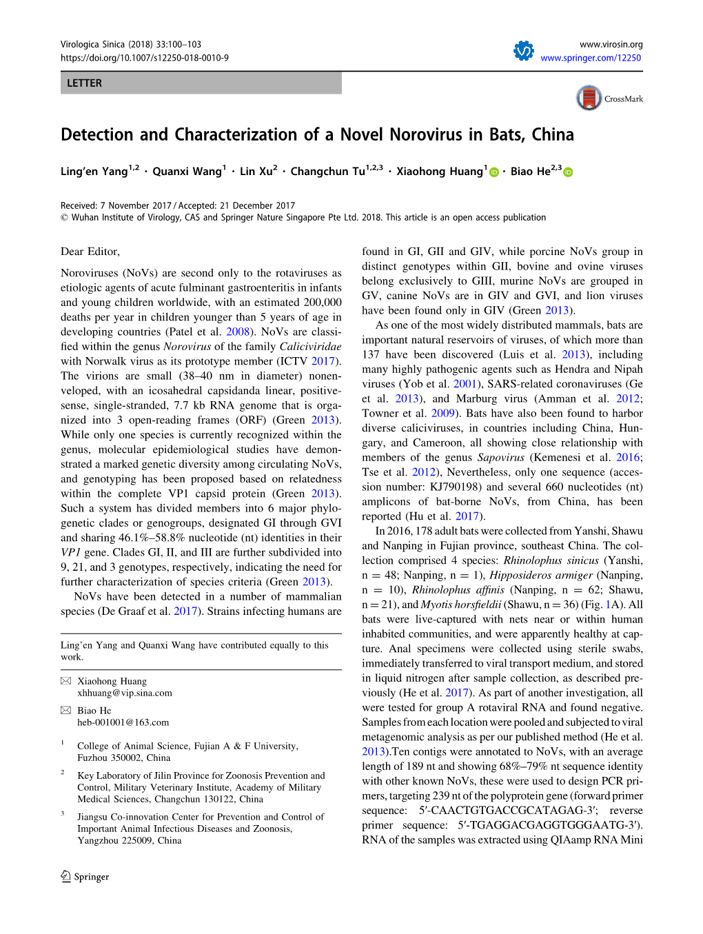 Detection and Characterization of a Novel Norovirus in Bats, China