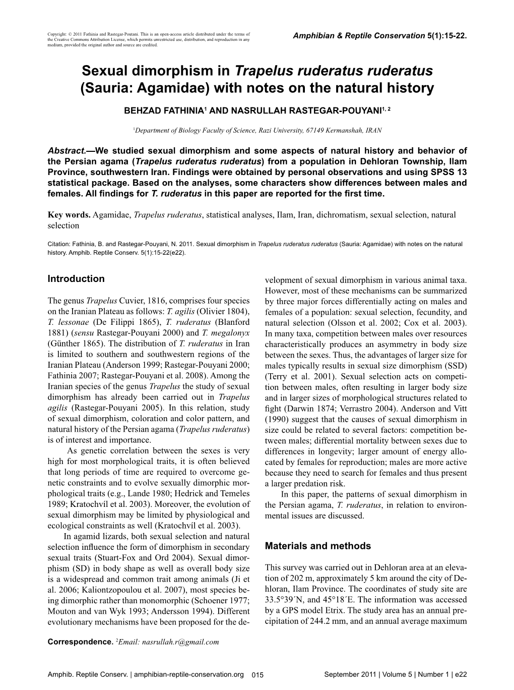 Sexual Dimorphism in Trapelus Ruderatus Ruderatus (Sauria: Agamidae) with Notes on the Natural History