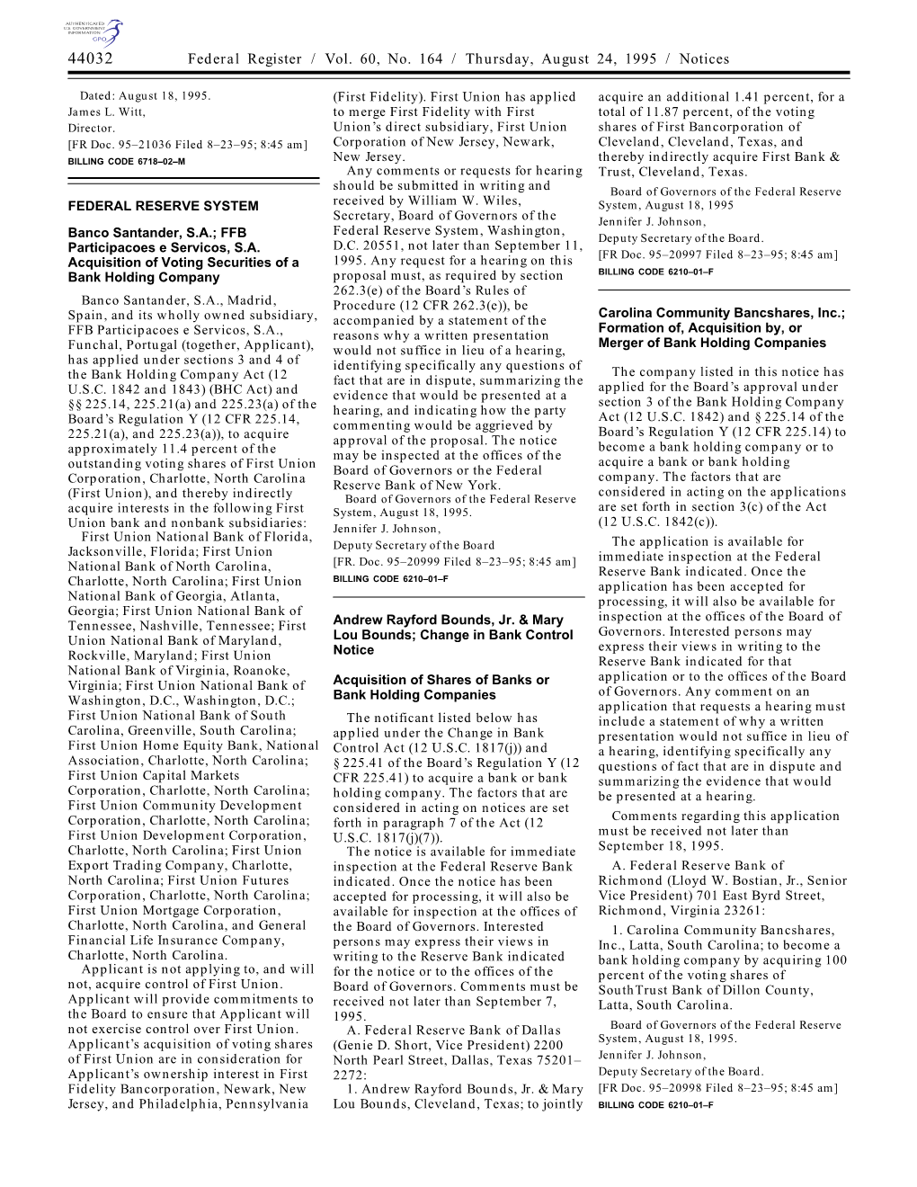 Federal Register / Vol. 60, No. 164 / Thursday, August 24, 1995 / Notices