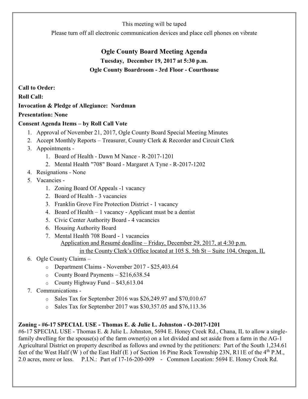 Ogle County Board Meeting Agenda Tuesday, December 19, 2017 at 5:30 P.M