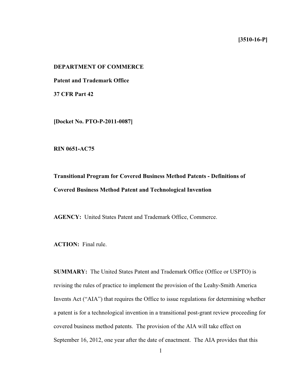 Transitional Program for Covered Business Method Patents - Definitions Of