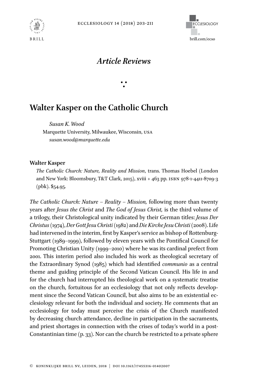 Article Reviews Walter Kasper on the Catholic Church