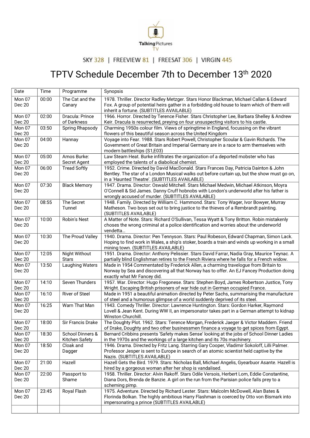 TPTV Schedule December 7Th to December 13Th 2020