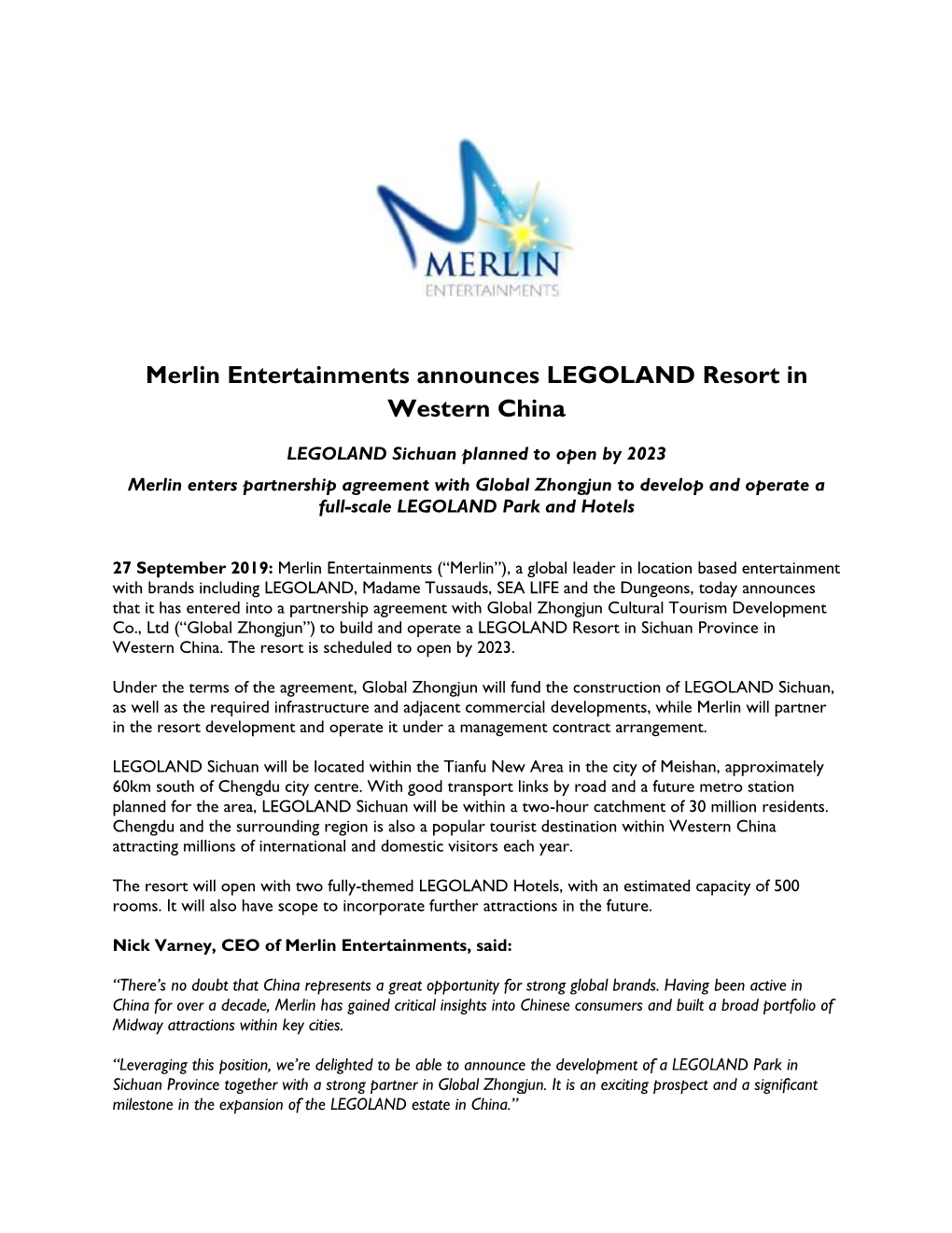 Merlin Entertainments Announces LEGOLAND Resort in Western China