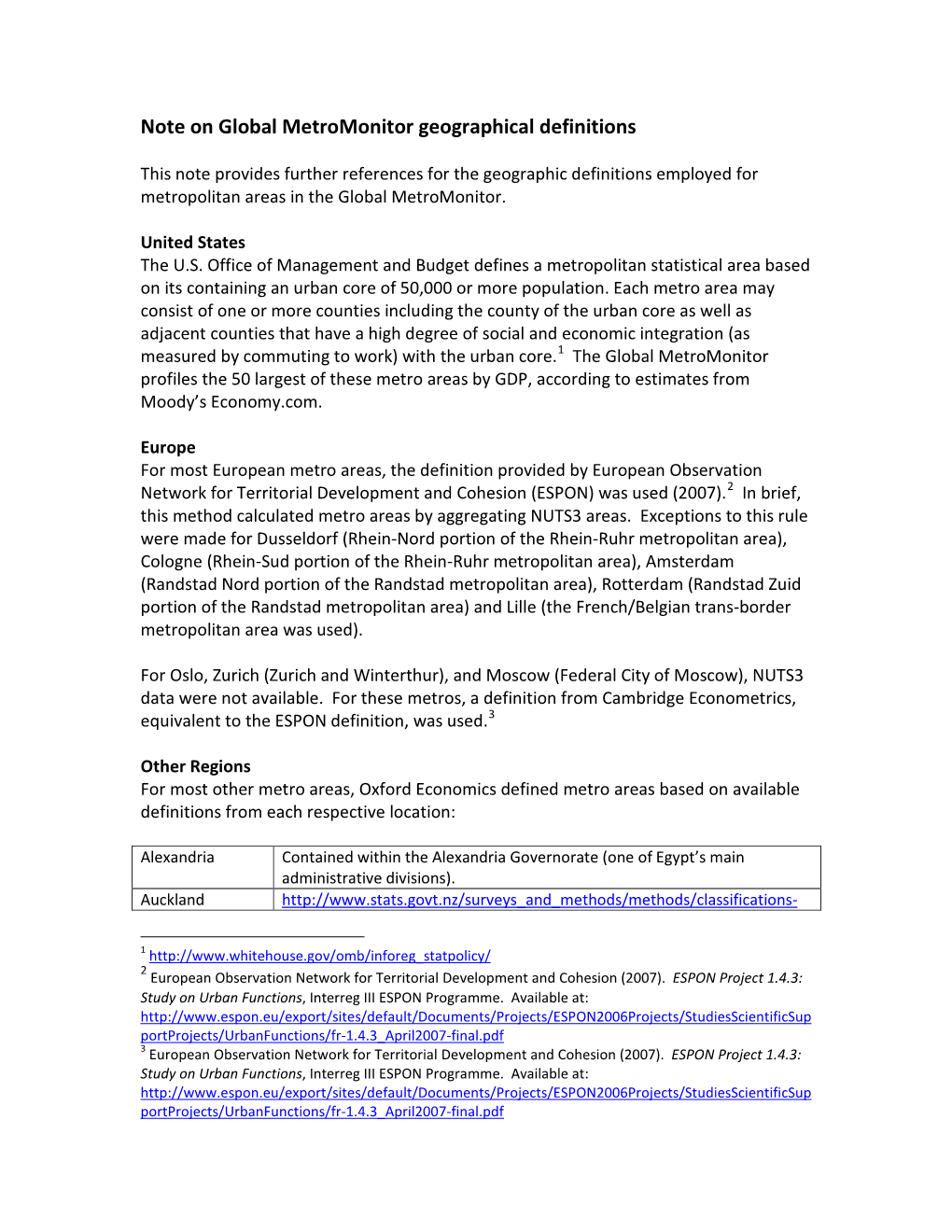 Global Metromonitor Geographical Definitions