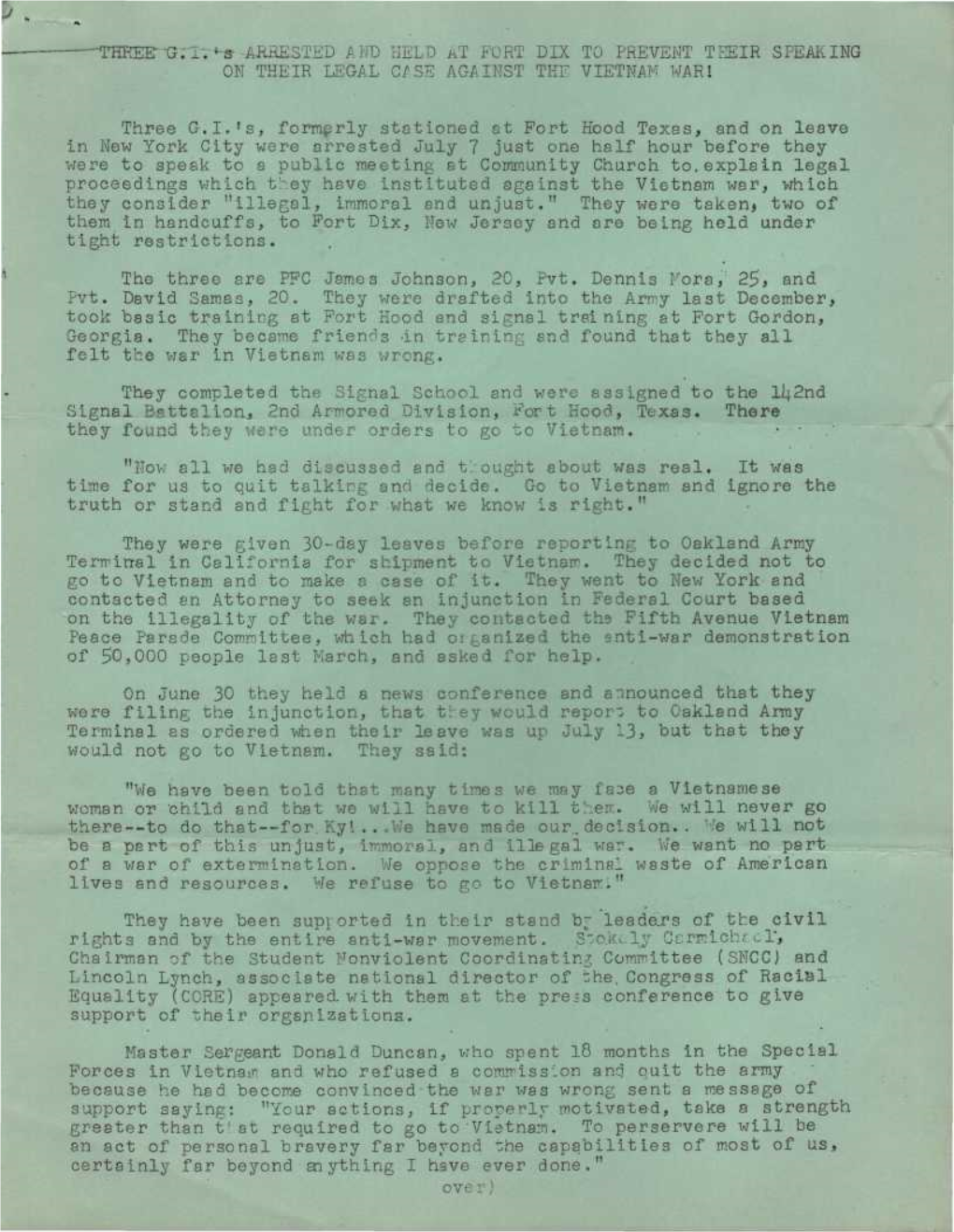 ——THREE" G Ri .-S ARRESTED a HD HELD KT FORT DIX to PREVENT TEEIR SPEAKING on THEIR LEGAL GPSE AGAINST the VIETNAM WARI