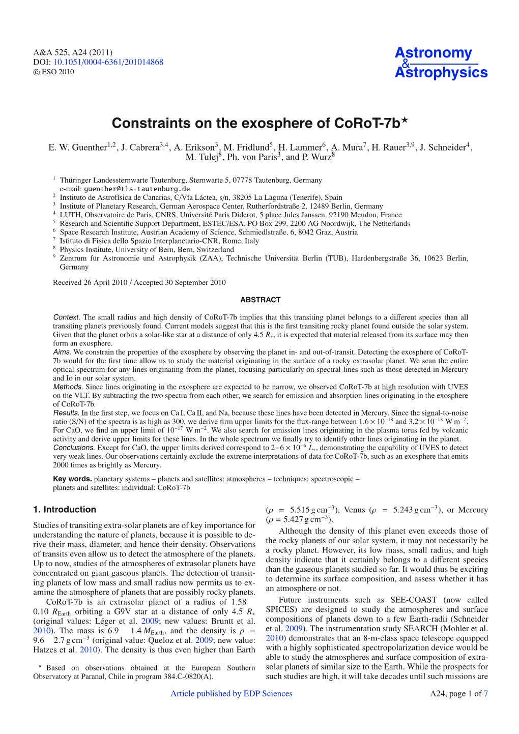 Constraints on the Exosphere of Corot-7B*