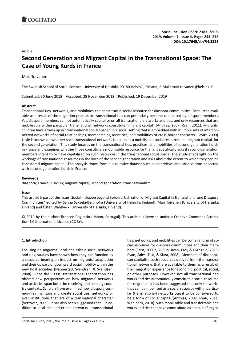 Second Generation and Migrant Capital in the Transnational Space: the Case of Young Kurds in France