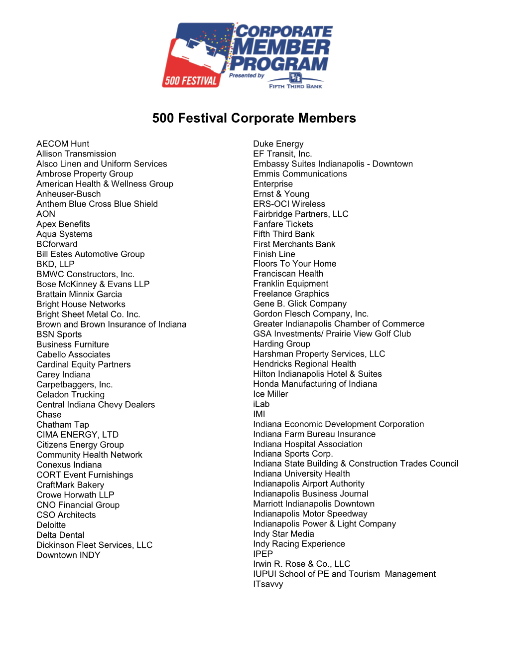 500 Festival Corporate Members