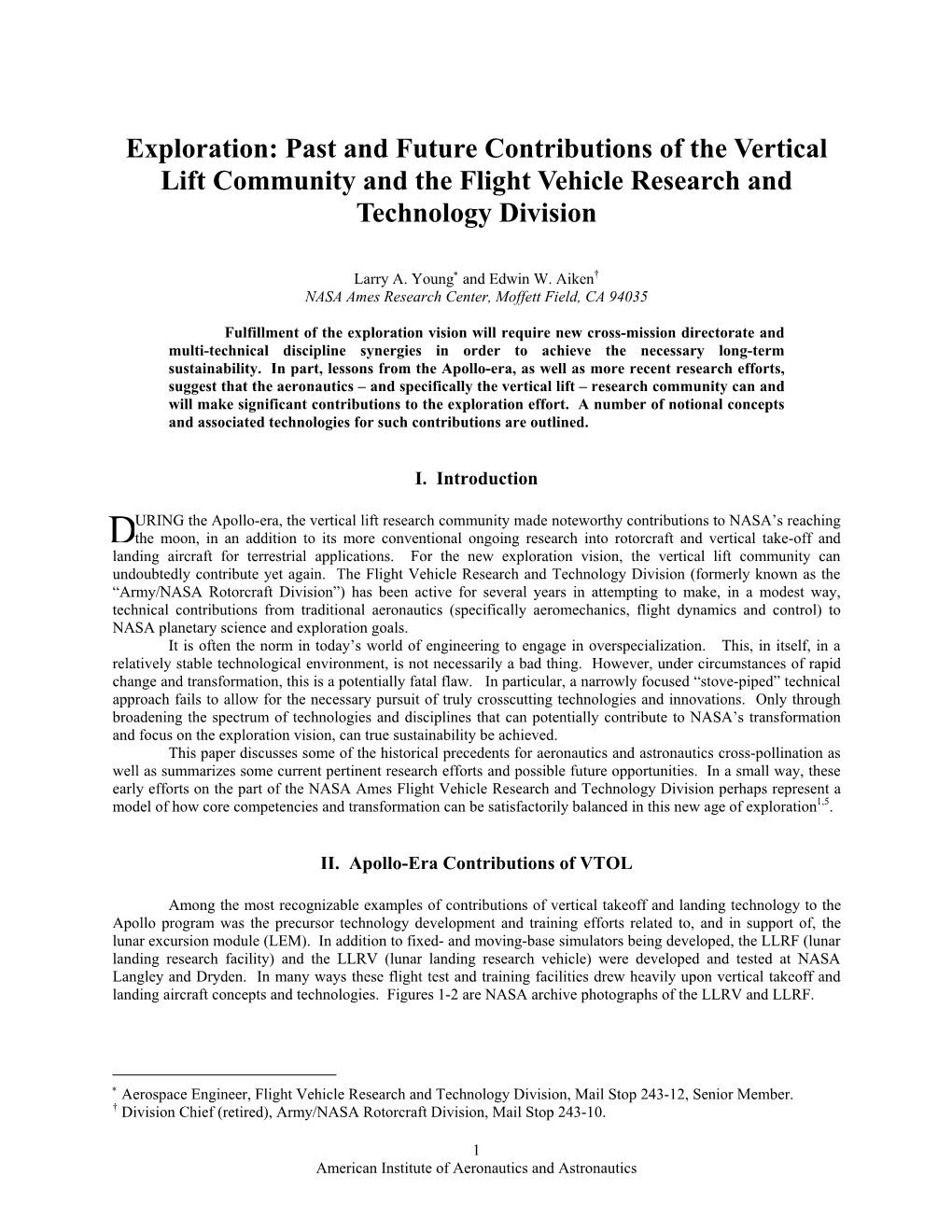 Past and Future Contributions of the Vertical Lift Community and the Flight Vehicle Research and Technology Division