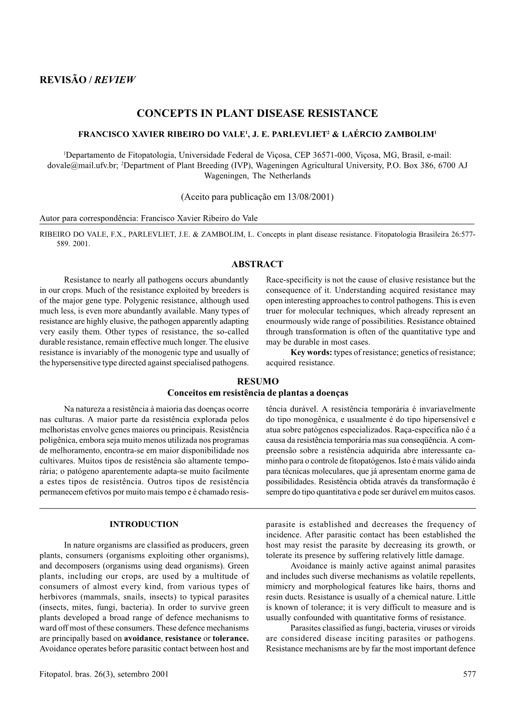 Concepts in Plant Disease Resistance