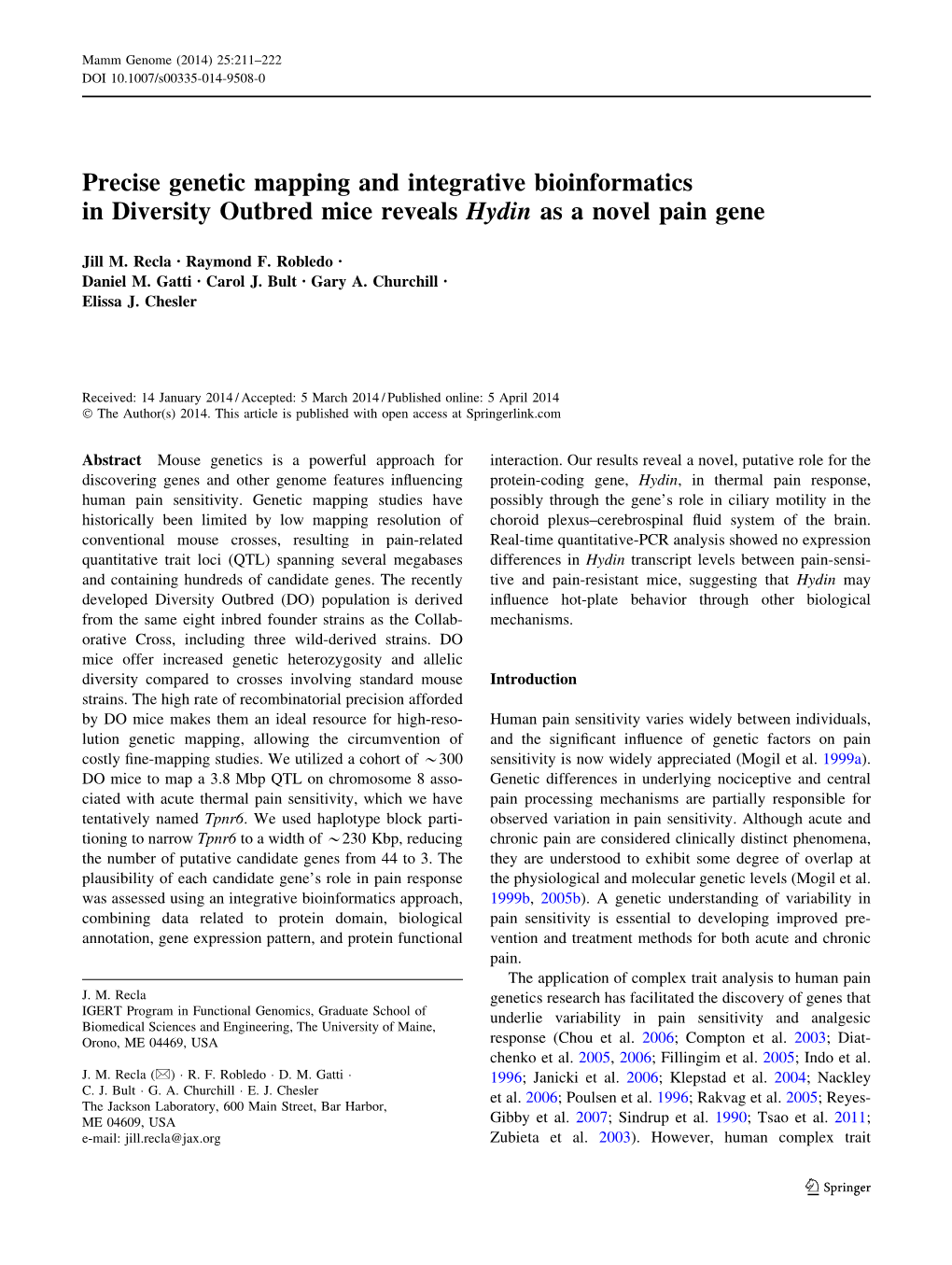 Precise Genetic Mapping and Integrative Bioinformatics in Diversity Outbred Mice Reveals Hydin As a Novel Pain Gene