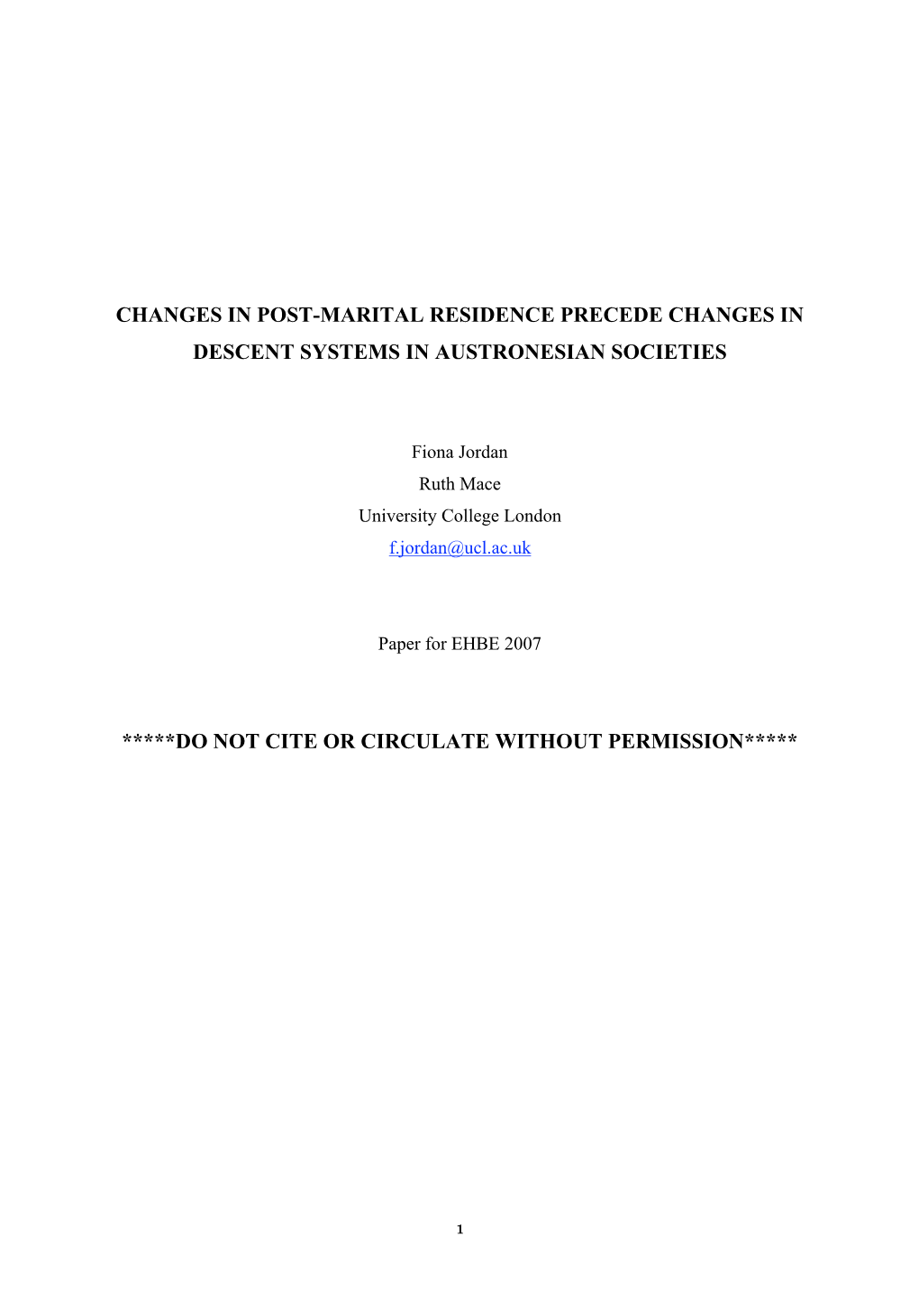 Changes in Post-Marital Residence Precede Changes in Descent Systems in Austronesian Societies