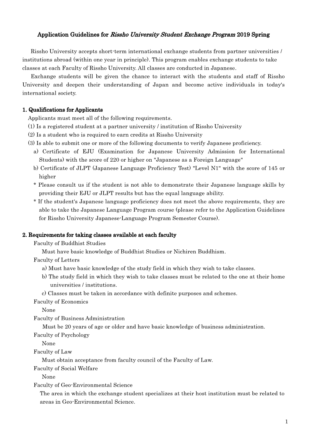 Application Guidelines for Rissho University Student Exchange Program 2019 Spring