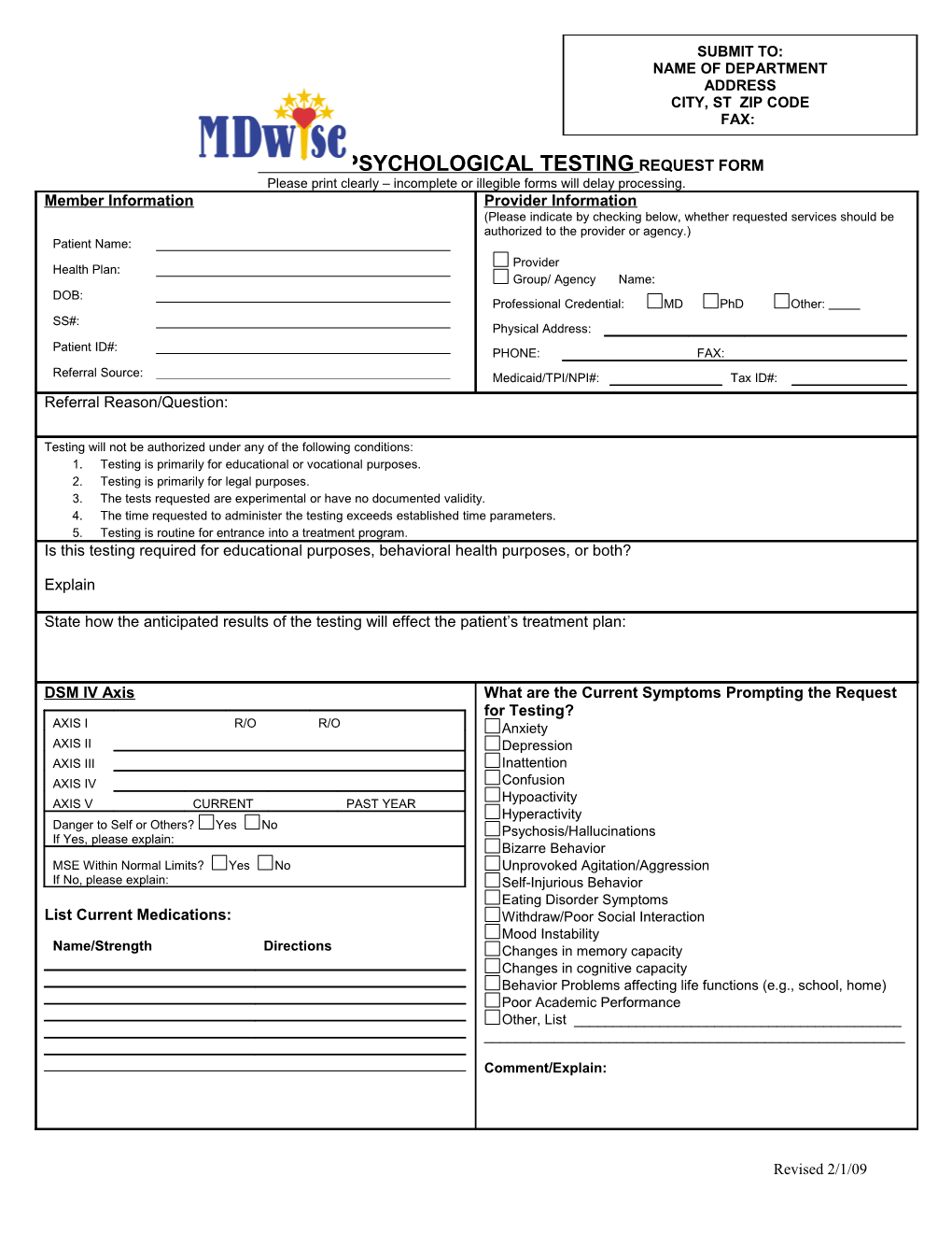 Indiana Neuro-Psychological Testing Request Form