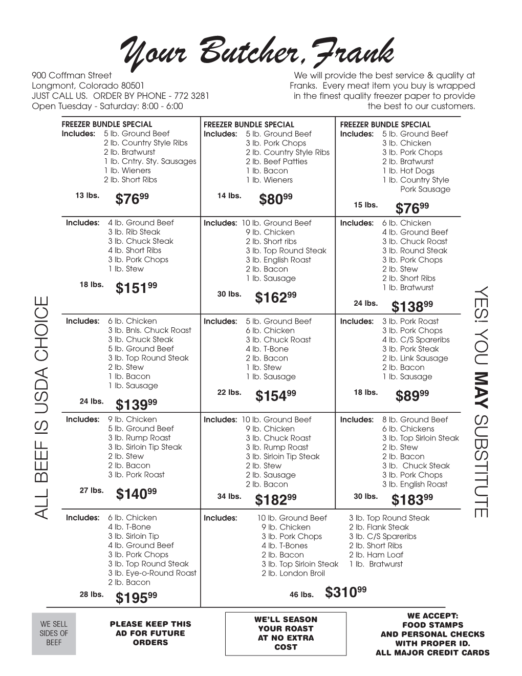 Your Butcher Frank-Meat Price Sheet