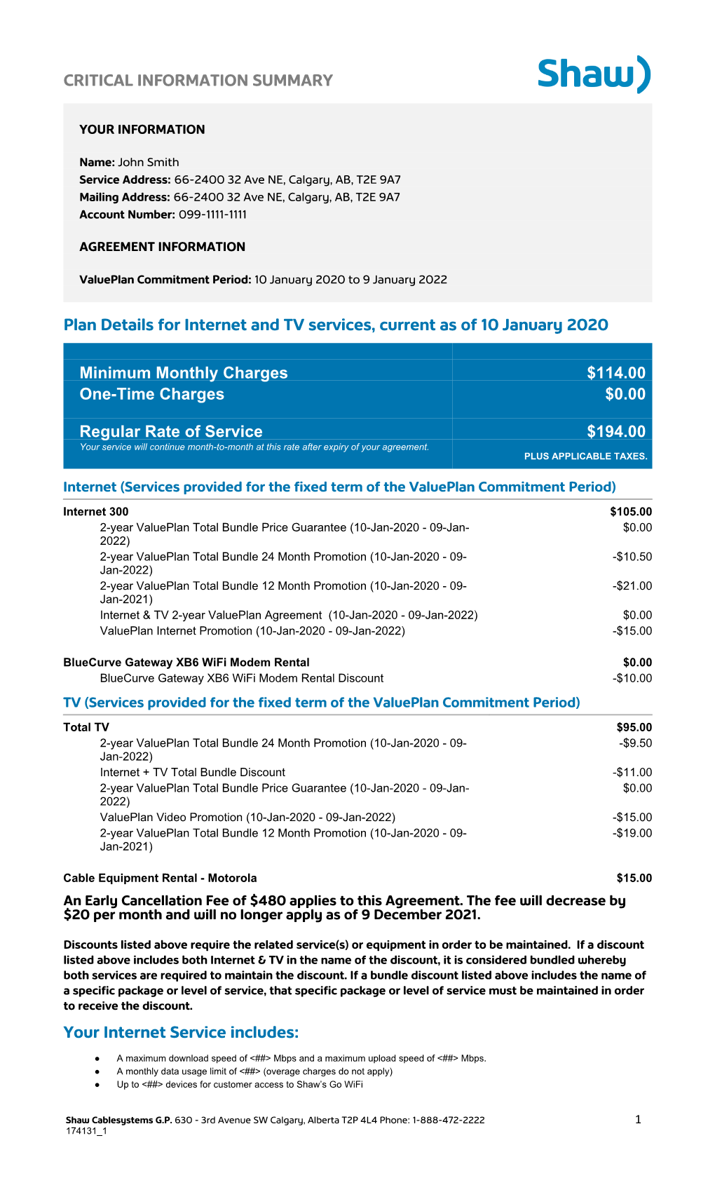 CRITICAL INFORMATION SUMMARY Plan Details for Internet and TV