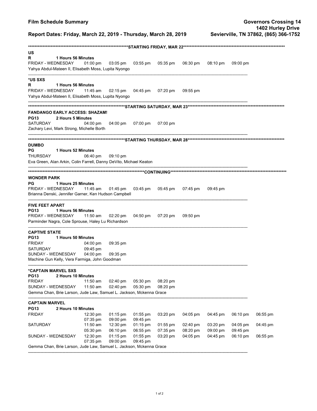 Film Schedule Summary Governors Crossing 14 1402 Hurley Drive Report Dates: Friday, March 22, 2019 - Thursday, March 28, 2019 Sevierville, TN 37862, (865) 366-1752