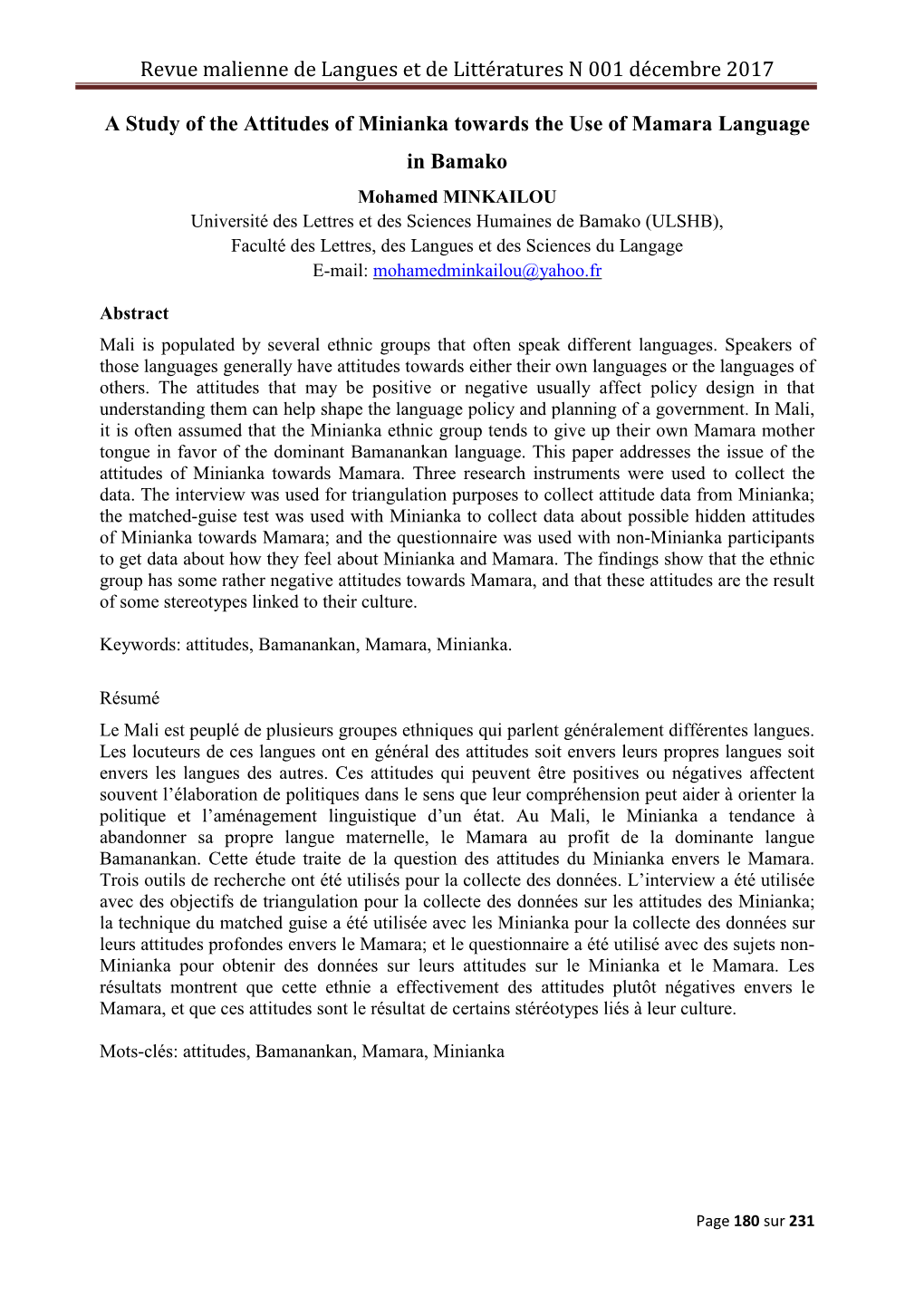 Revue Malienne De Langues Et De Littératures N 001 Décembre 2017 a Study of the Attitudes of Minianka Towards the Use of Mamar