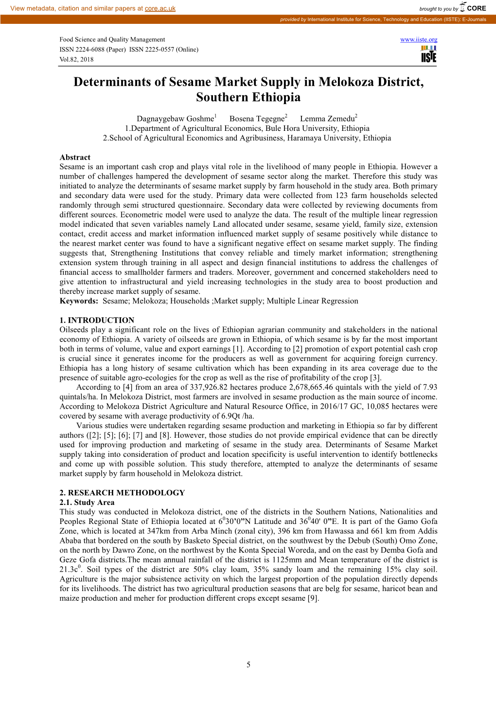 Determinants of Sesame Market Supply in Melokoza District, Southern Ethiopia