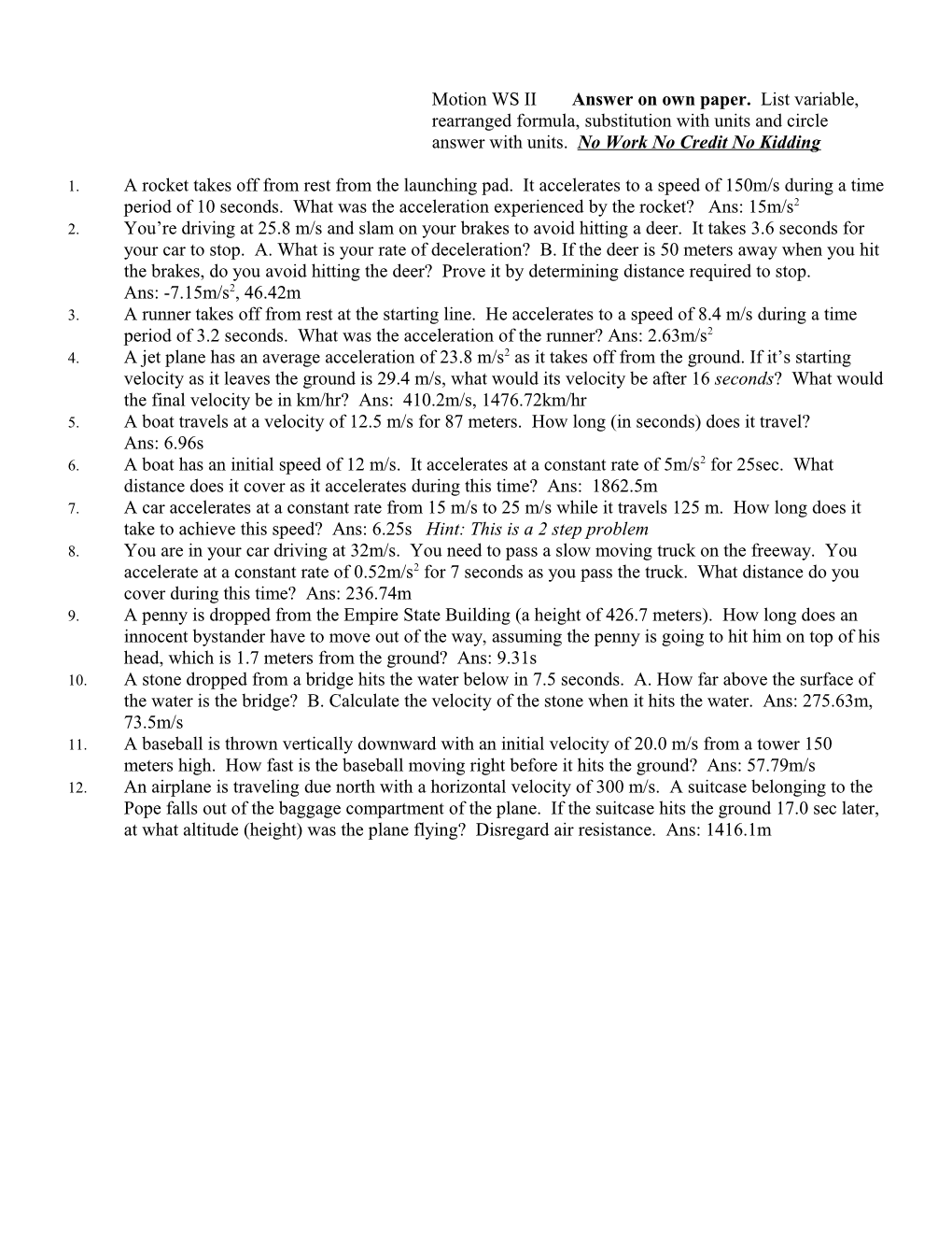 Motion WS II Answer on Own Paper. List Variable, Rearranged Formula, Substitution With