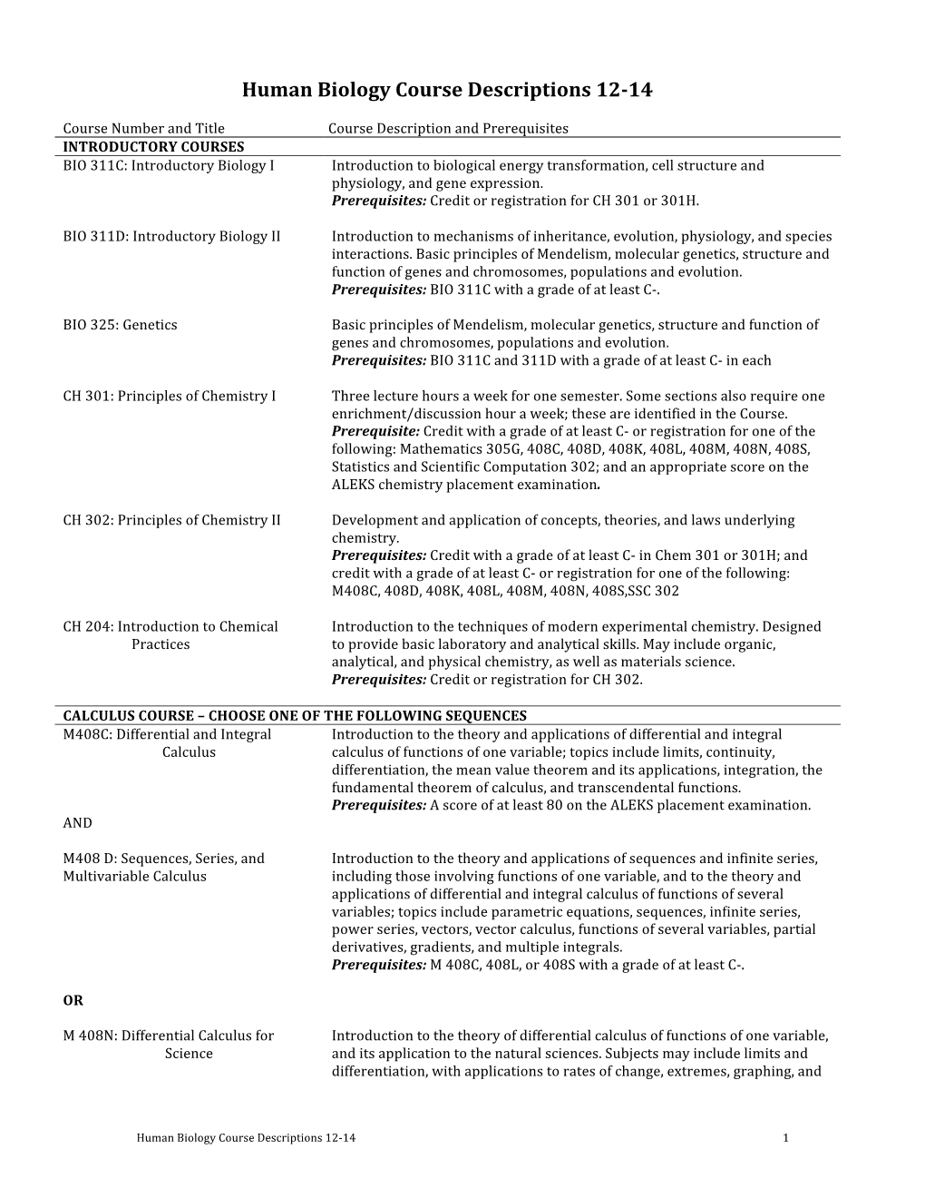 Human Biology Course Descriptions 12-14