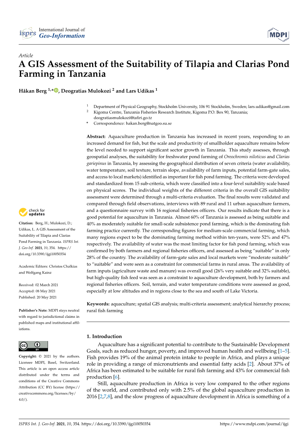 A GIS Assessment of the Suitability of Tilapia and Clarias Pond Farming in Tanzania