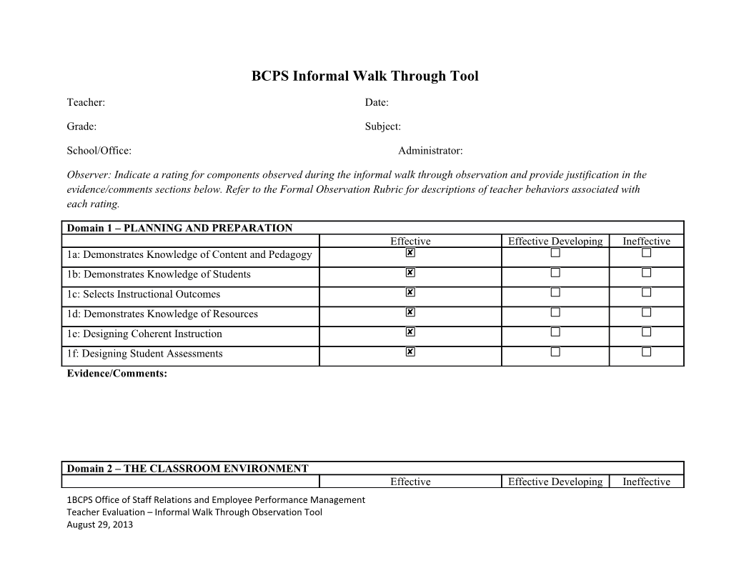 BCPS Informal Walk Through Tool