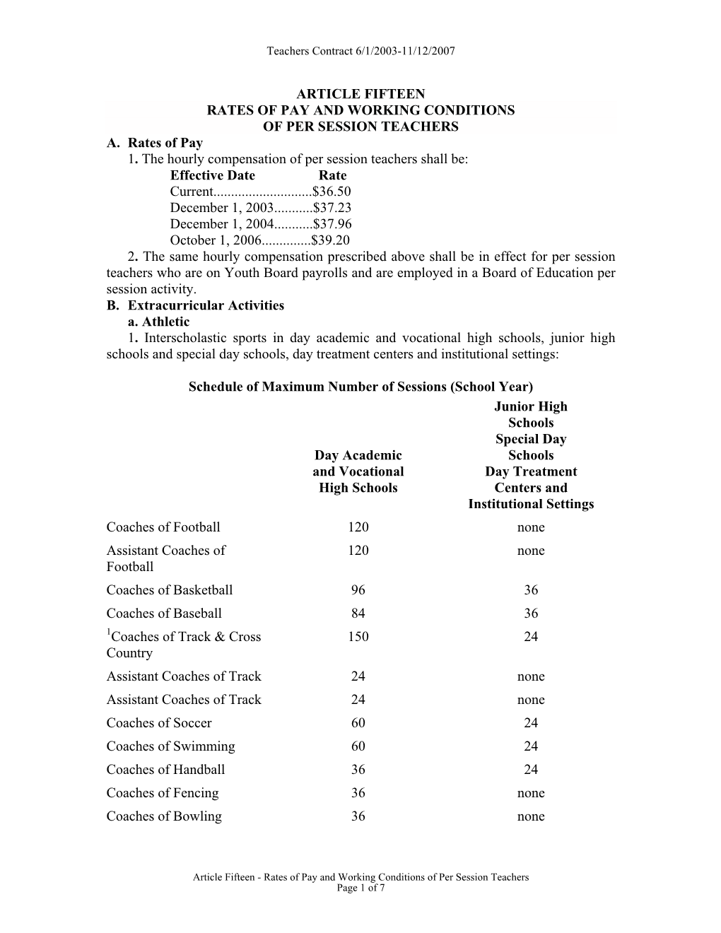 Article Fifteen Rates of Pay and Working Conditions of Per Session Teachers A