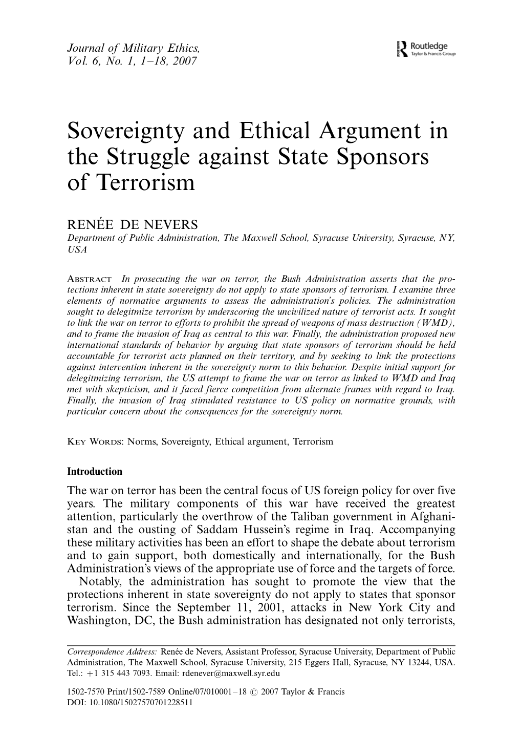 Sovereignty and Ethical Argument in the Struggle Against State Sponsors of Terrorism