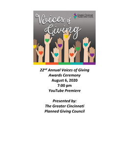 22Nd Annual Voices of Giving Awards Ceremony August 6, 2020 7:00 Pm Youtube Premiere