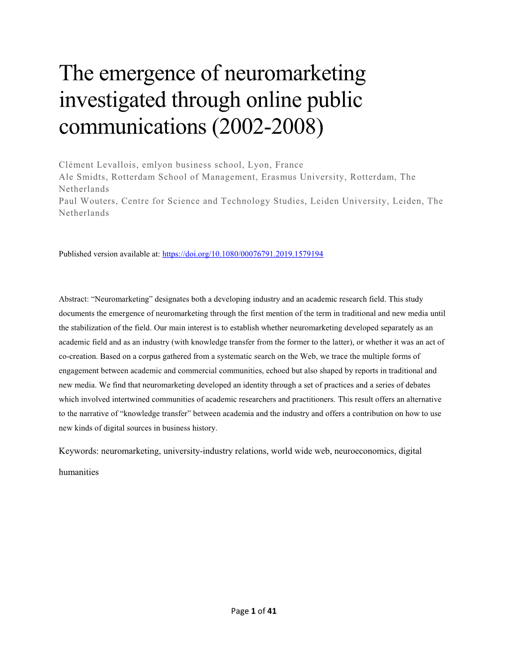 The Emergence of Neuromarketing Investigated Through Online Public Communications (2002-2008)