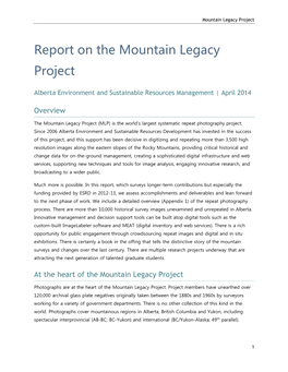 Report on the Mountain Legacy Project