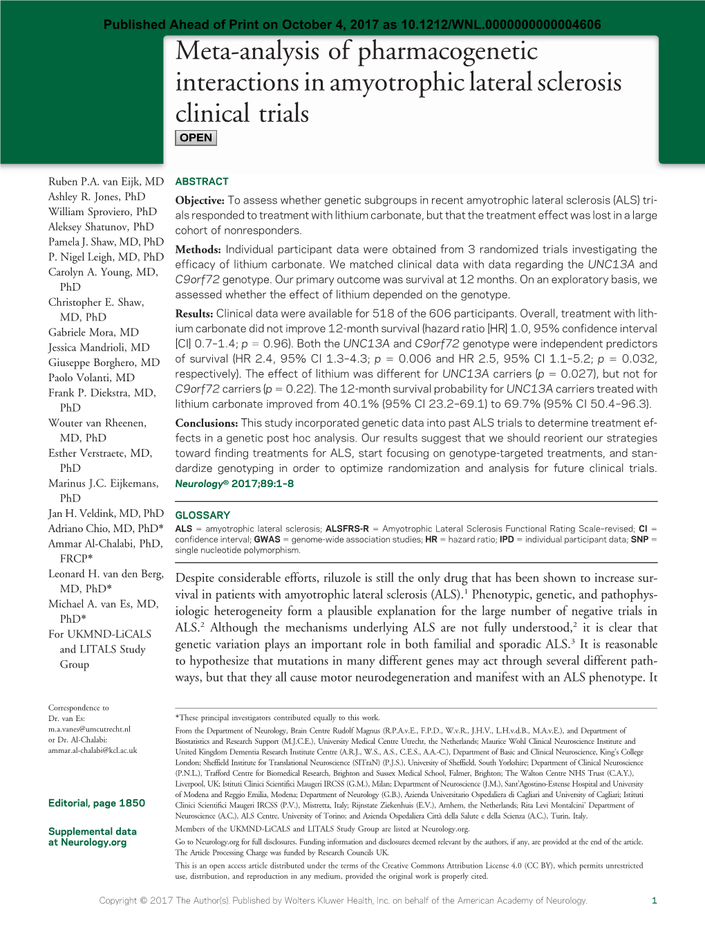 Meta-Analysis of Pharmacogenetic Interactions in Amyotrophic Lateral Sclerosis Clinical Trials