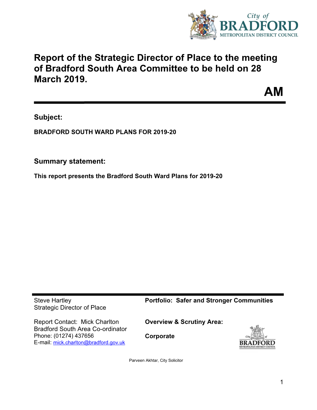 Bradford South Ward Plans for 2019-20 Pdf 2 Mb