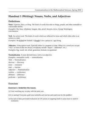 Handout 1 (Writing): Nouns, Verbs, and Adjectives