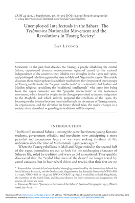 Unemployed Intellectuals in the Sahara: the Teshumara Nationalist Movement and the Revolutions in Tuareg Societyã