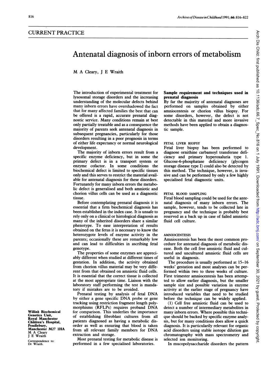 Antenatal Diagnosis of Inborn Errors Ofmetabolism